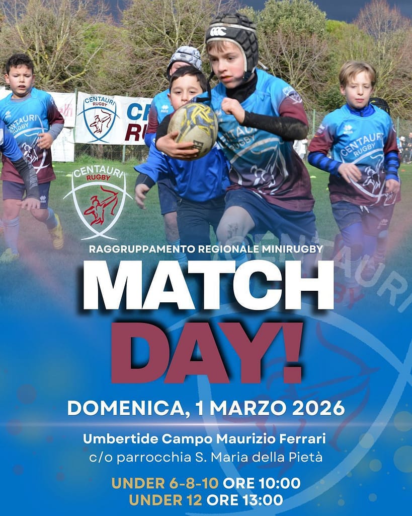 Raggruppamento regionale di minirugby a Umbertide – 1° marzo 2026 - UmbertidEEventi.it Bambini del Centauri Rugby in azione durante il raggruppamento regionale di minirugby al Campo Maurizio Ferrari di Umbertide, 1° marzo 2026
